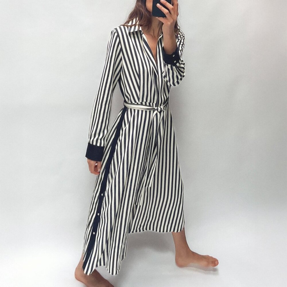 Zara Navy White Striped Long Sleeve Shirt Dress Size L